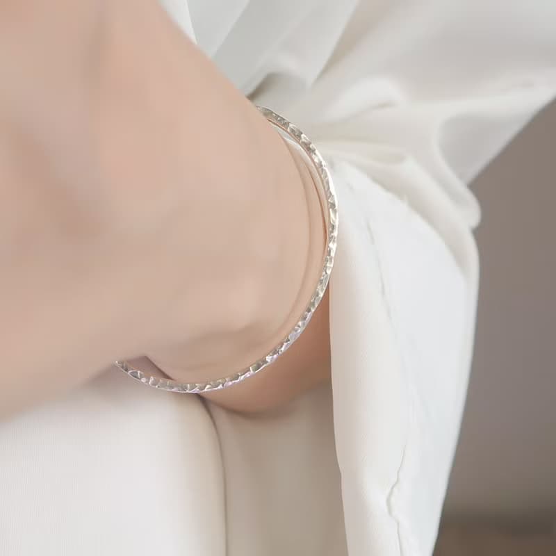 925純銀 波光 實心 鍛敲紋 C型 開口式 手環 免費送禮包裝