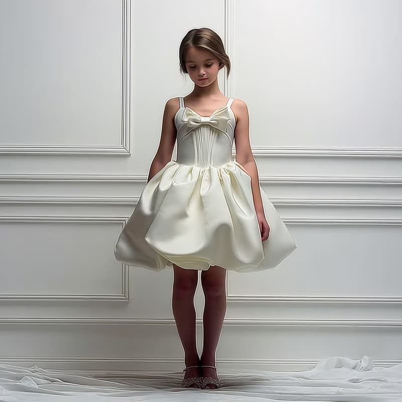 Ivory Satin Cocktail Dress – Chic Flower Girl & Birthday Look 輕婚紗 小禮服 伴娘禮服 畢業