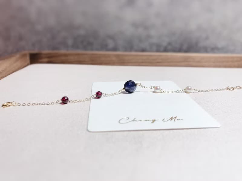 菫青石、珍珠、石榴石 14kgf手鍊