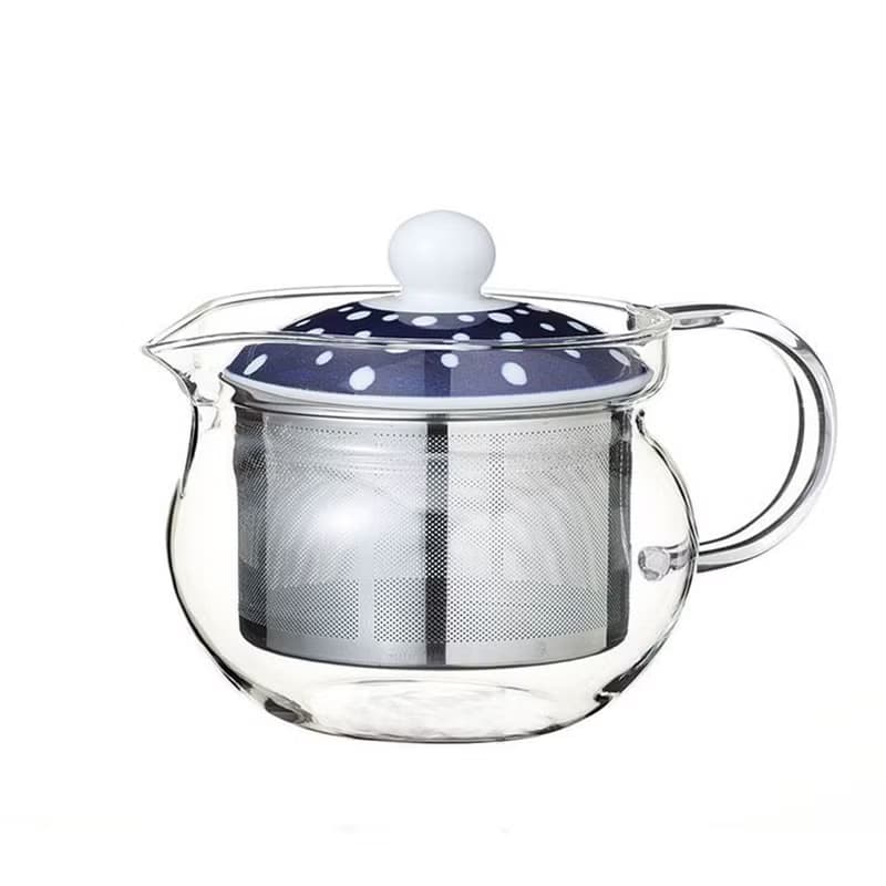 日本西海藍丸紋透明玻璃茶壺-藍底白點蓋(indigo japan)-375ml