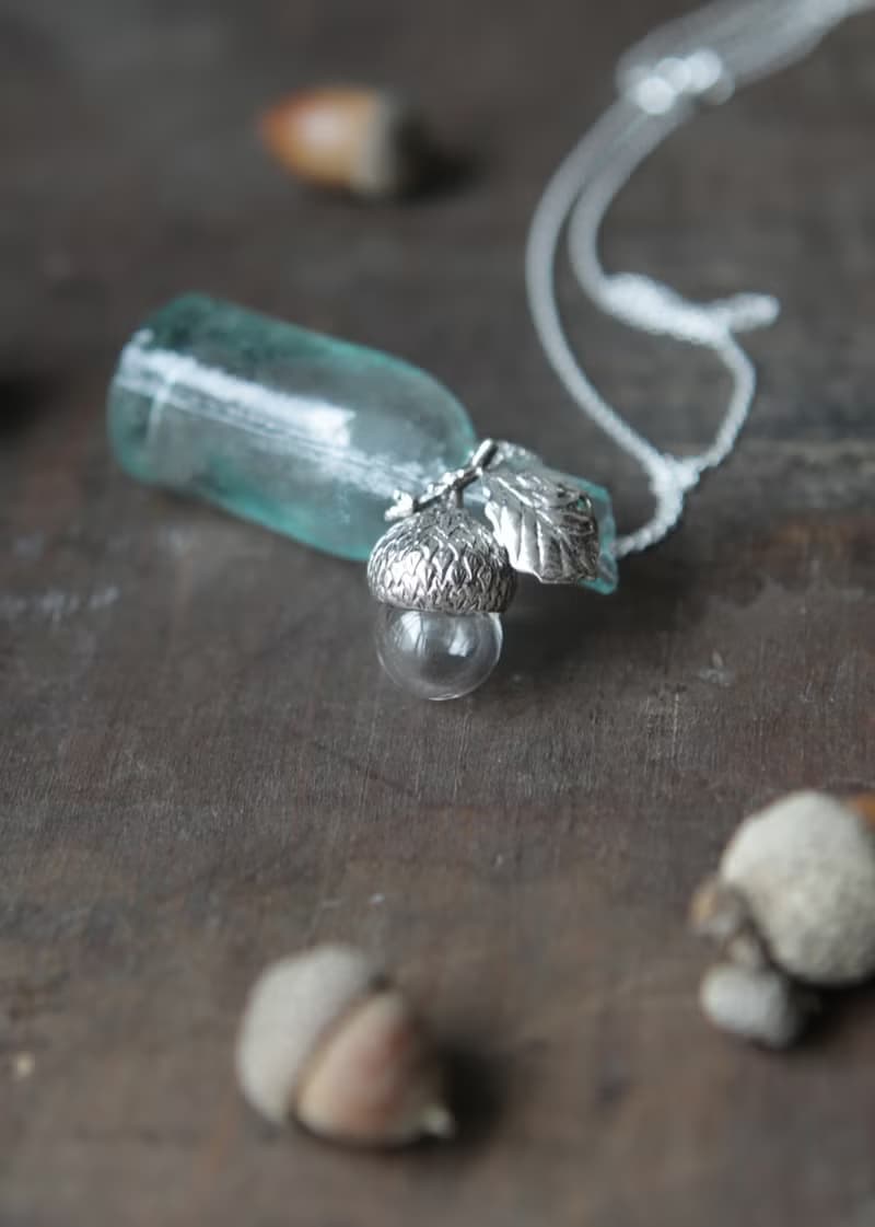 純銀玻璃珠精油橡實橡果項鍊