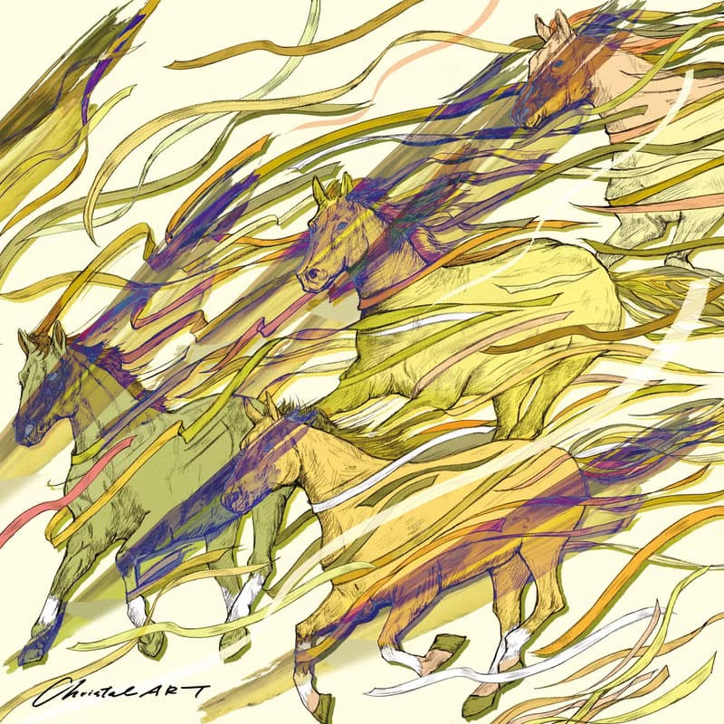 50cm角_silkscarf_Feel the wind (yellow )柄　スカーフChristalART