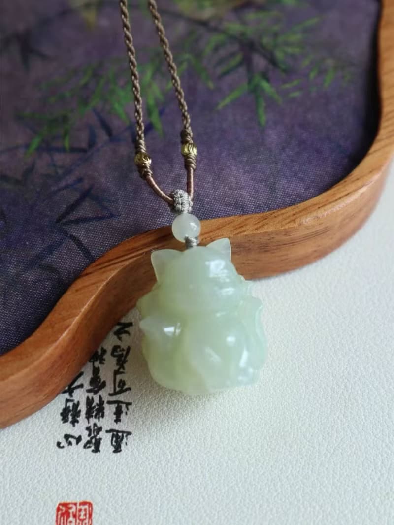 天然冰底晴水和田玉小萌狐吊墜項鏈 萌萌噠九尾狐 招財開運保平安