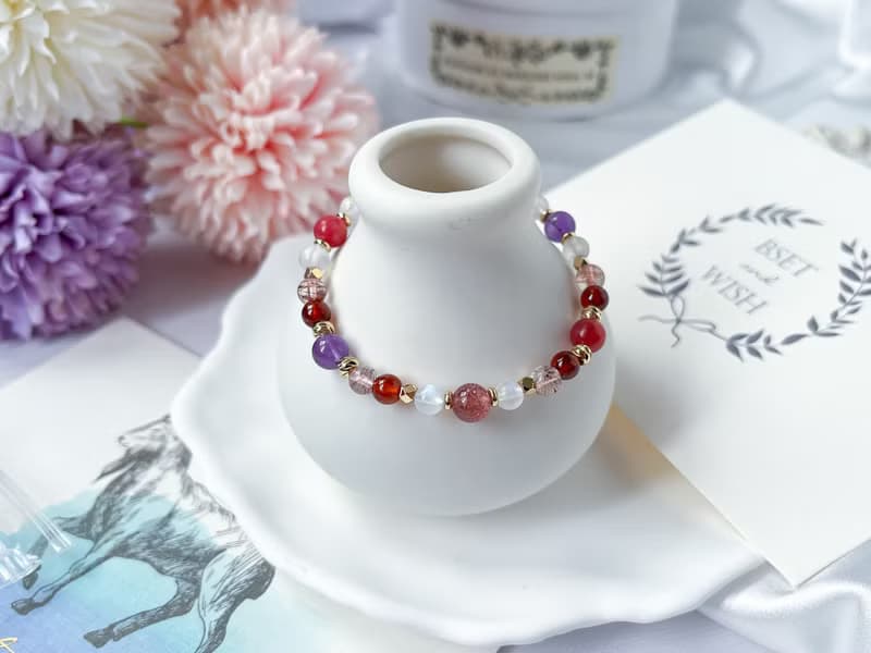 石榴石 紫水晶 草莓晶 薔薇輝 紅銅髮 月光石 14k包金設計手鍊