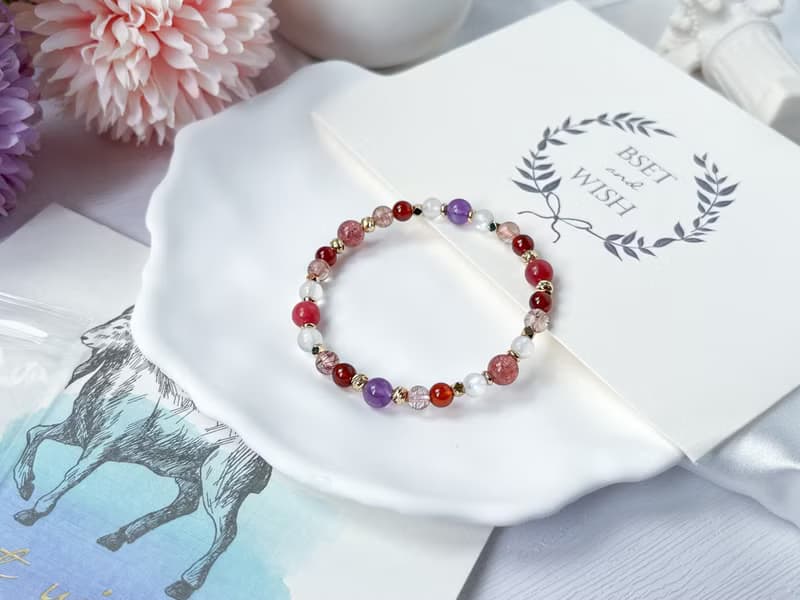 石榴石 紫水晶 草莓晶 薔薇輝 紅銅髮 月光石 14k包金設計手鍊