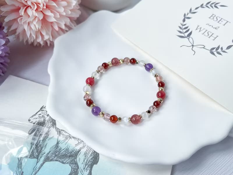 石榴石 紫水晶 草莓晶 薔薇輝 紅銅髮 月光石 14k包金設計手鍊