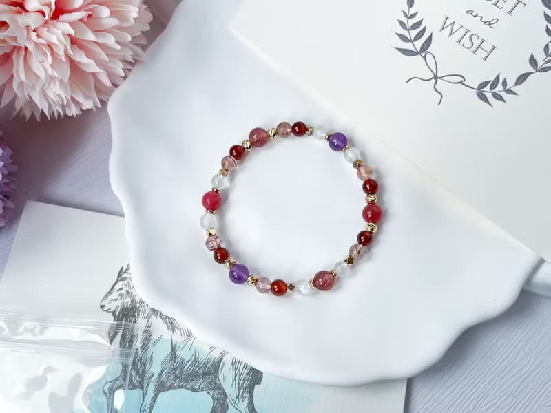 石榴石 紫水晶 草莓晶 薔薇輝 紅銅髮 月光石 14k包金設計手鍊