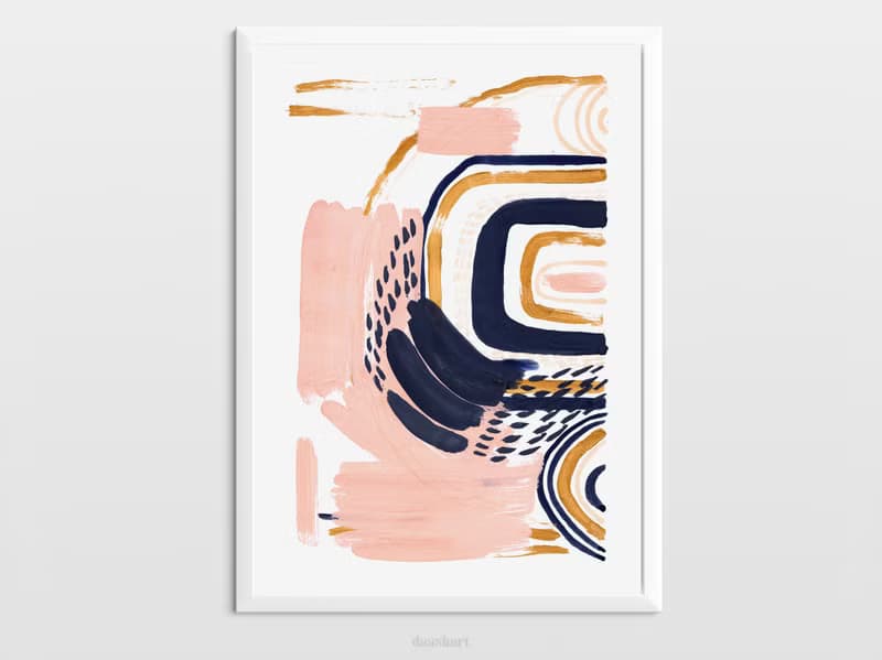 Blue pink gold abstract wall art original painting gouache artwork modern poster