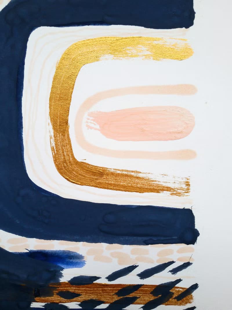 Blue pink gold abstract wall art original painting gouache artwork modern poster