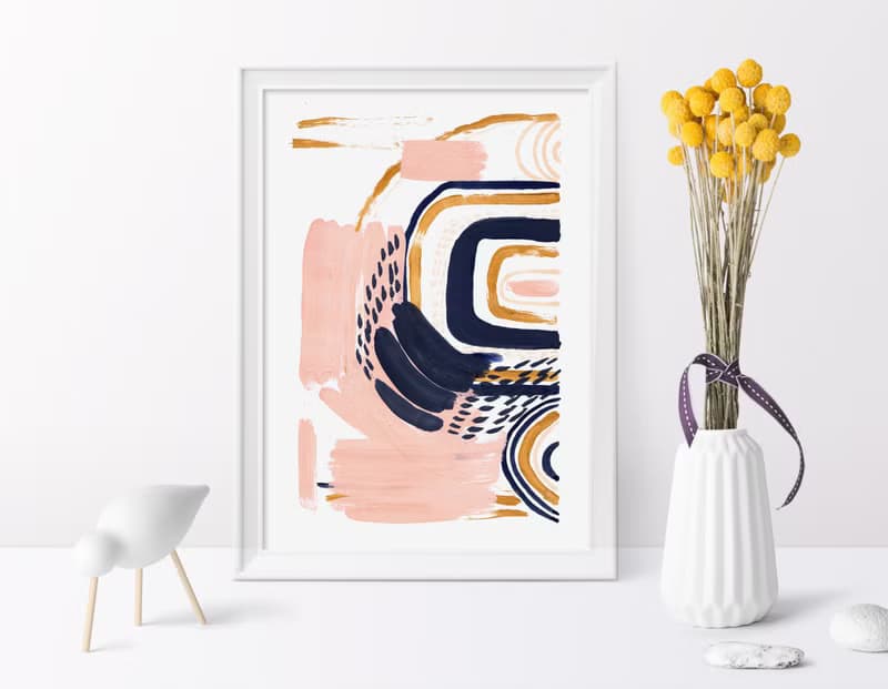 Blue pink gold abstract wall art original painting gouache artwork modern poster