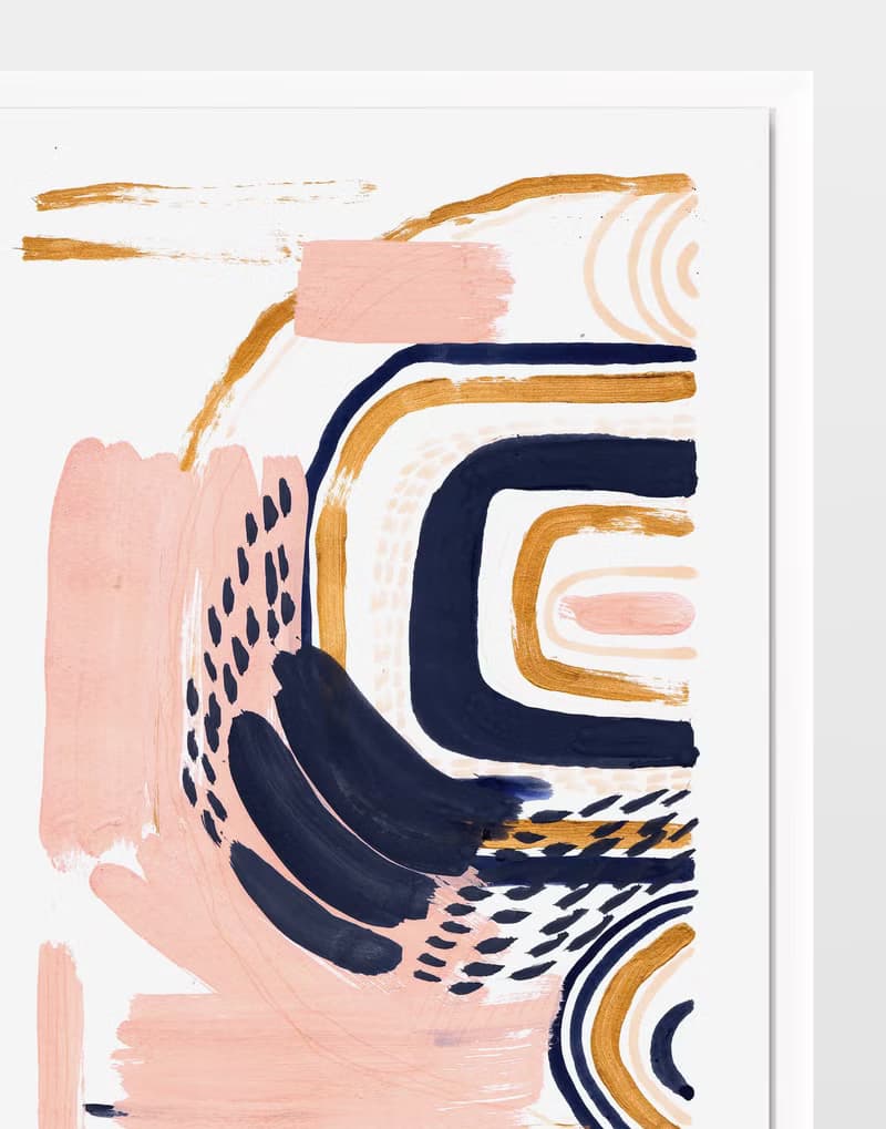 Blue pink gold abstract wall art original painting gouache artwork modern poster