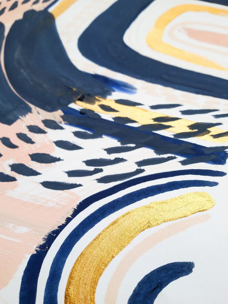 Blue pink gold abstract wall art original painting gouache artwork modern poster