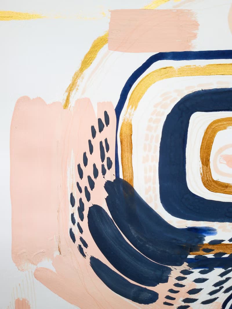 Blue pink gold abstract wall art original painting gouache artwork modern poster
