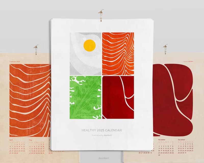 【數位】Healthy 2025 Printable Calendar Abstract Fried Eggs Salad Salmon Beef Meat Wall