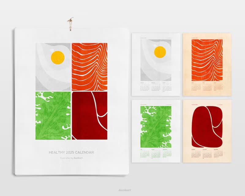 【數位】Healthy 2025 Printable Calendar Abstract Fried Eggs Salad Salmon Beef Meat Wall