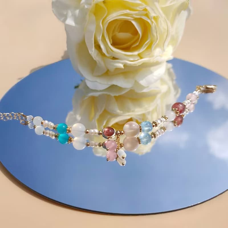 蓮花空行。櫻花瑪瑙 海水藍寶 天河石 14K包金 水晶礦石設計手鍊