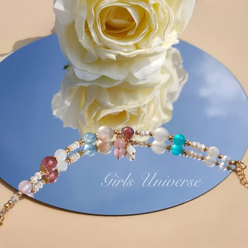 蓮花空行。櫻花瑪瑙 海水藍寶 天河石 14K包金 水晶礦石設計手鍊