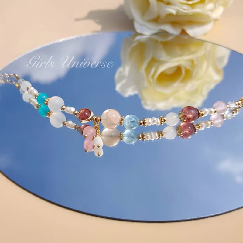 蓮花空行。櫻花瑪瑙 海水藍寶 天河石 14K包金 水晶礦石設計手鍊