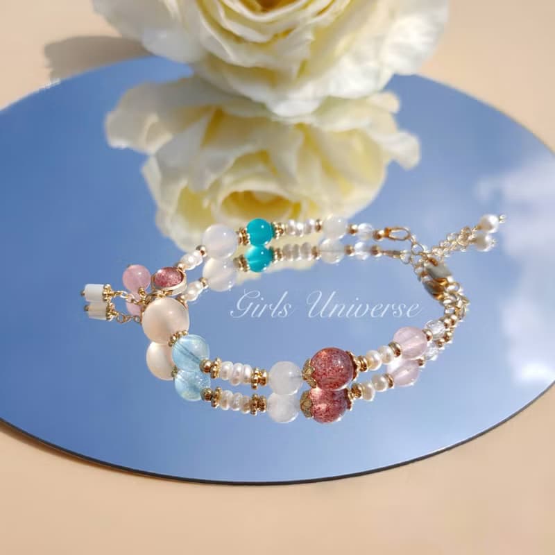 蓮花空行。櫻花瑪瑙 海水藍寶 天河石 14K包金 水晶礦石設計手鍊