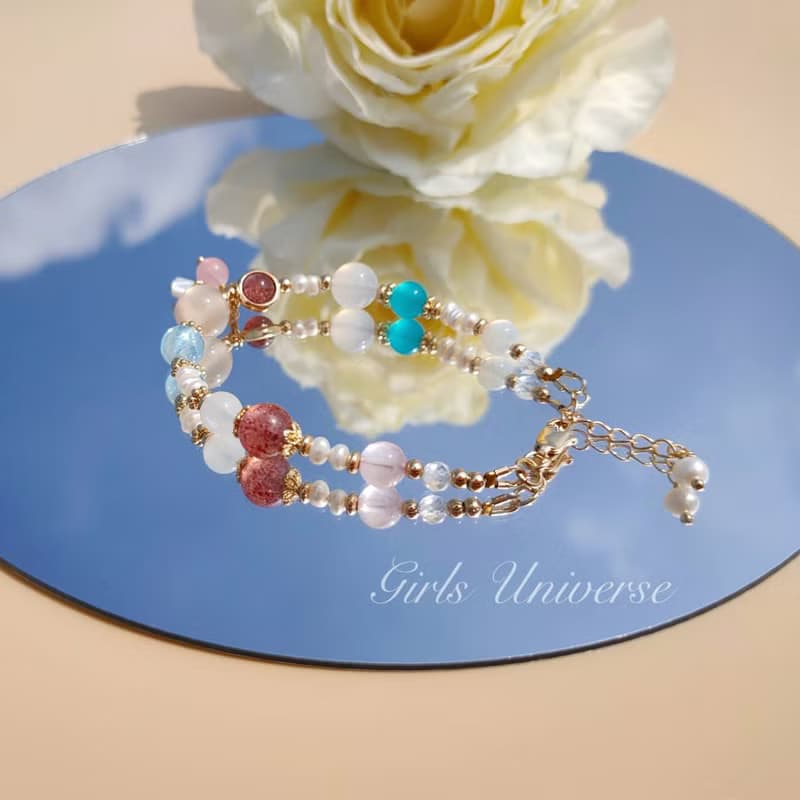 蓮花空行。櫻花瑪瑙 海水藍寶 天河石 14K包金 水晶礦石設計手鍊