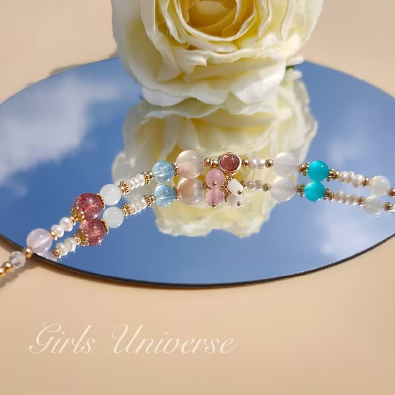 蓮花空行。櫻花瑪瑙 海水藍寶 天河石 14K包金 水晶礦石設計手鍊