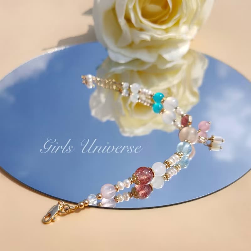 蓮花空行。櫻花瑪瑙 海水藍寶 天河石 14K包金 水晶礦石設計手鍊