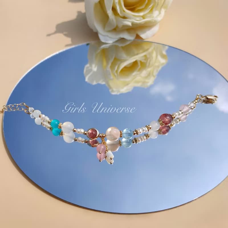 蓮花空行。櫻花瑪瑙 海水藍寶 天河石 14K包金 水晶礦石設計手鍊