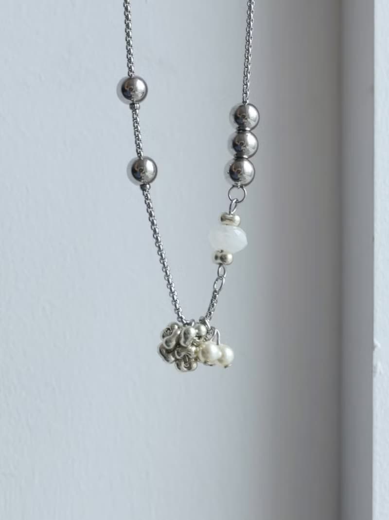 初雪項鍊 不鏽鋼編織項鍊 月光石 日本珠