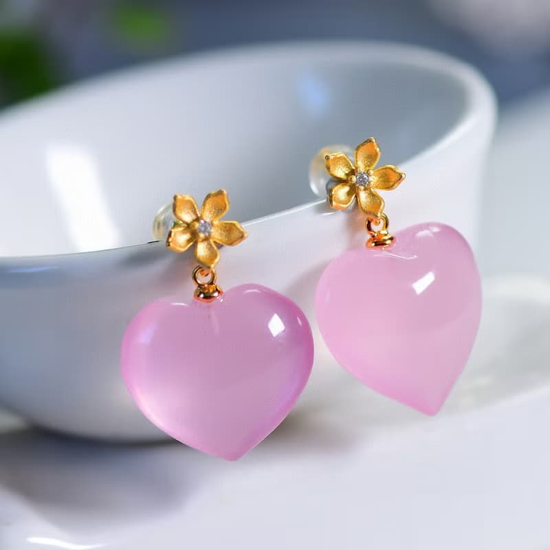 天然莫桑比剋星光粉水晶愛心耳釘 耳墜 飽滿圓潤 顏色粉潤