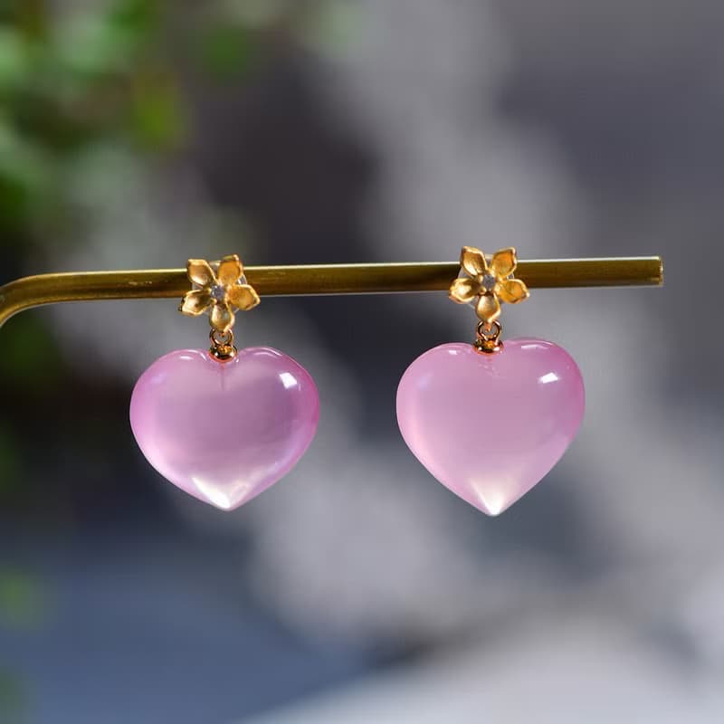 天然莫桑比剋星光粉水晶愛心耳釘 耳墜 飽滿圓潤 顏色粉潤