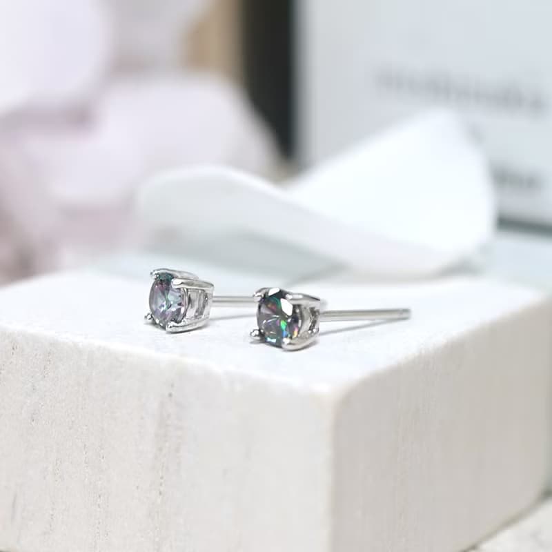 極光黑 圓形純銀 4mm 單鑽耳環 爪鑲 925純銀 女生耳環 男生耳環