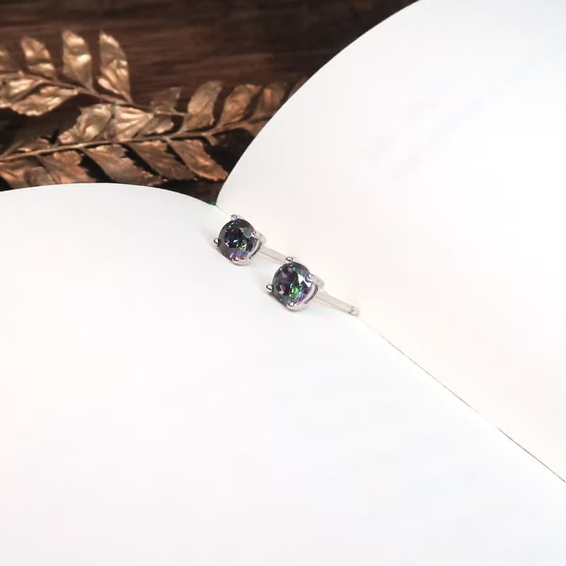 極光黑 圓形純銀 4mm 單鑽耳環 爪鑲 925純銀 女生耳環 男生耳環