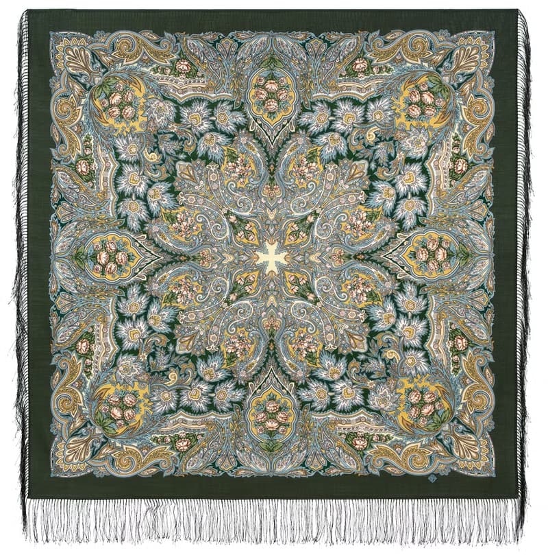 Pavlovo Posad Russian Shawl 100% Wool Scarf 125x125 cm Wrap Silk Fringe 2007-2