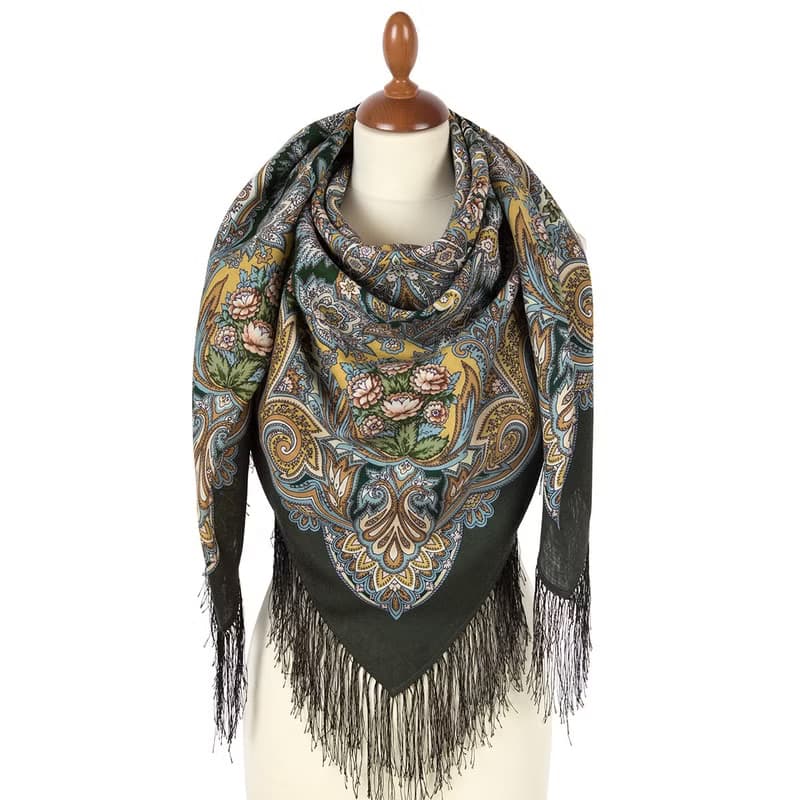 Pavlovo Posad Russian Shawl 100% Wool Scarf 125x125 cm Wrap Silk Fringe 2007-2