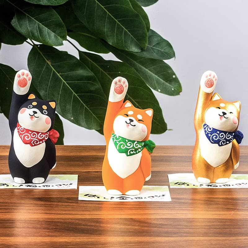 日本京都龍虎作 陶土招福可愛柴犬貓貓擺件 車載居家桌面擺飾禮物