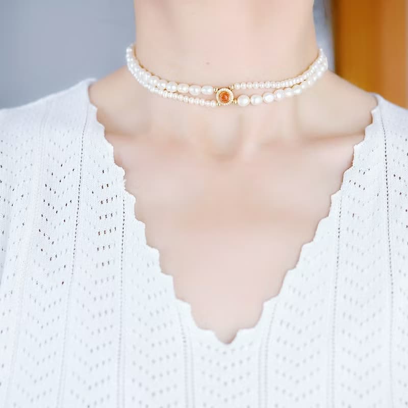 オリジナル ２way サンストーンとバロックパールの2連チョーカーネックレス 6月誕生石