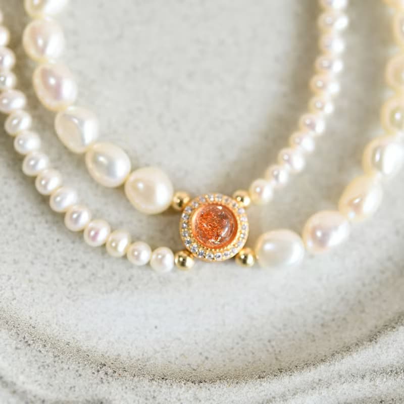 オリジナル ２way サンストーンとバロックパールの2連チョーカーネックレス 6月誕生石