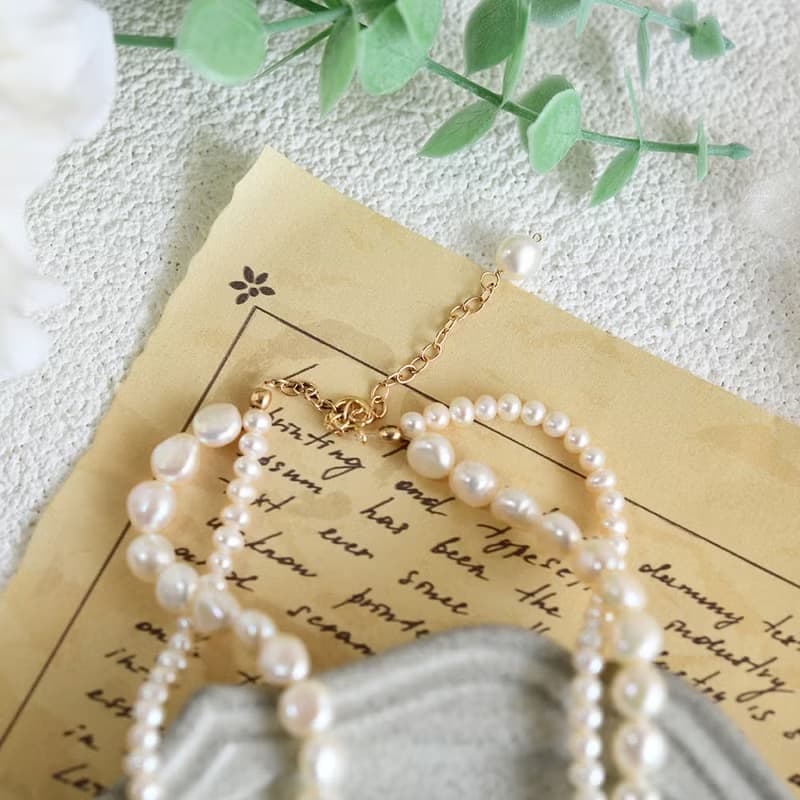 オリジナル ２way サンストーンとバロックパールの2連チョーカーネックレス 6月誕生石