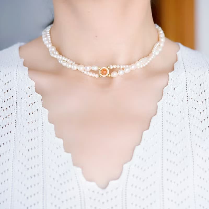 オリジナル ２way サンストーンとバロックパールの2連チョーカーネックレス 6月誕生石