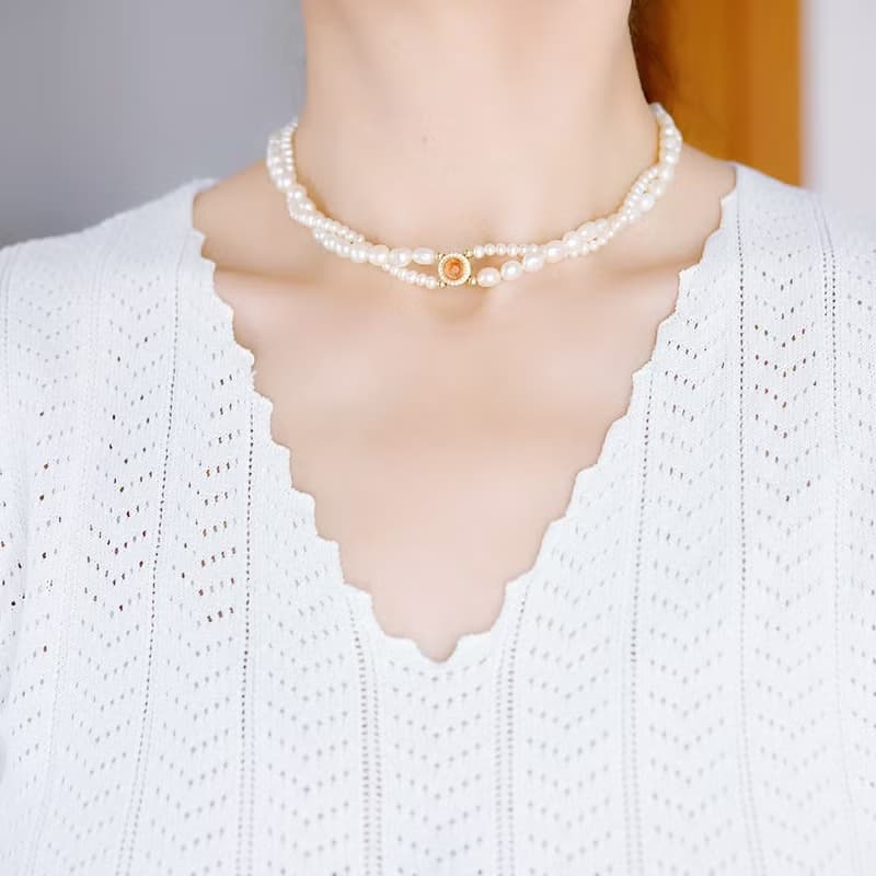 オリジナル ２way サンストーンとバロックパールの2連チョーカーネックレス 6月誕生石