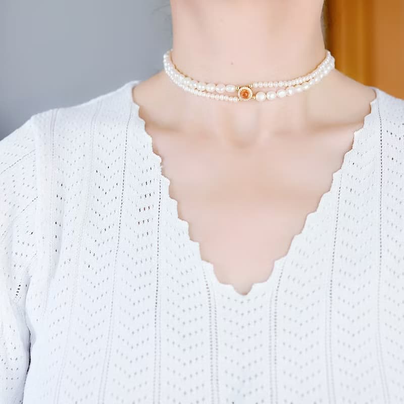 オリジナル ２way サンストーンとバロックパールの2連チョーカーネックレス 6月誕生石