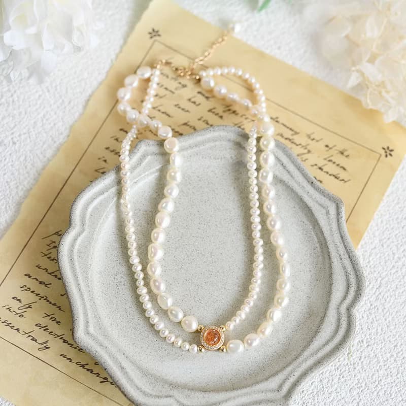 オリジナル ２way サンストーンとバロックパールの2連チョーカーネックレス 6月誕生石