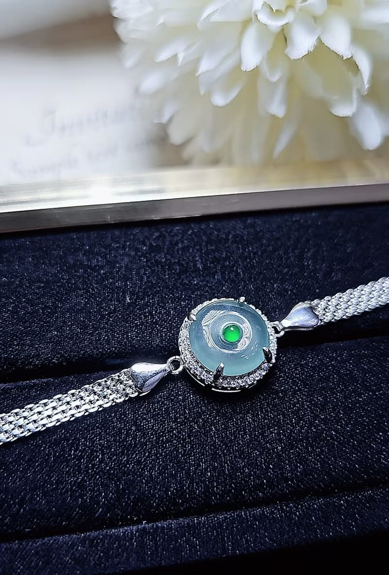 |夢幻藍釦|A貨翡翠冰玻藍起膠平安釦11mm純銀鍍18k編織款手鏈