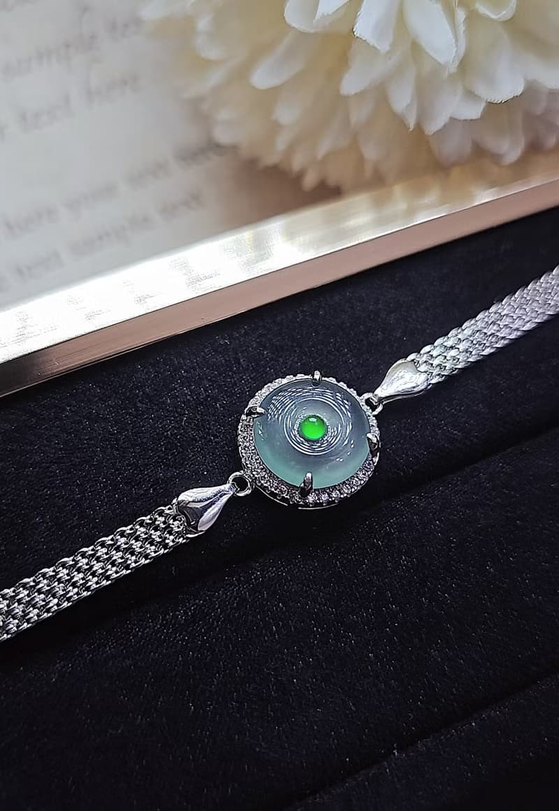 |夢幻藍釦|A貨翡翠冰玻藍起膠平安釦11mm純銀鍍18k編織款手鏈