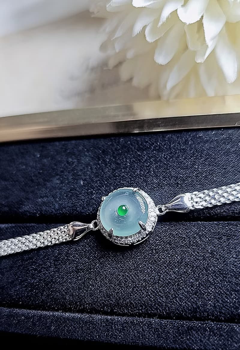 |夢幻藍釦|A貨翡翠冰玻藍起膠平安釦11mm純銀鍍18k編織款手鏈