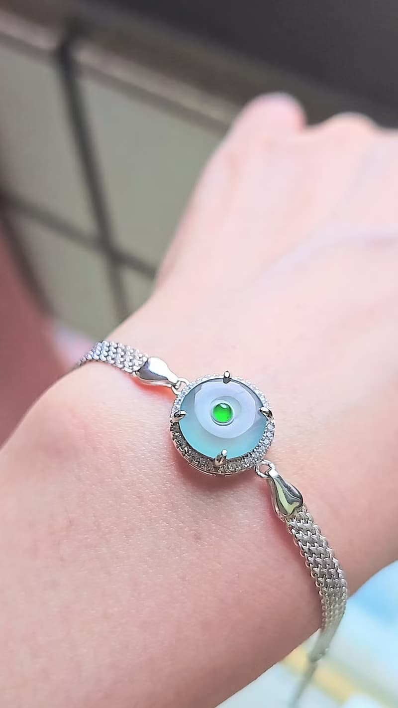 |夢幻藍釦|A貨翡翠冰玻藍起膠平安釦11mm純銀鍍18k編織款手鏈