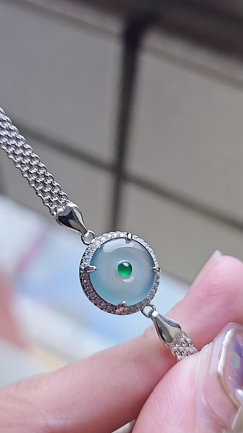 |夢幻藍釦|A貨翡翠冰玻藍起膠平安釦11mm純銀鍍18k編織款手鏈