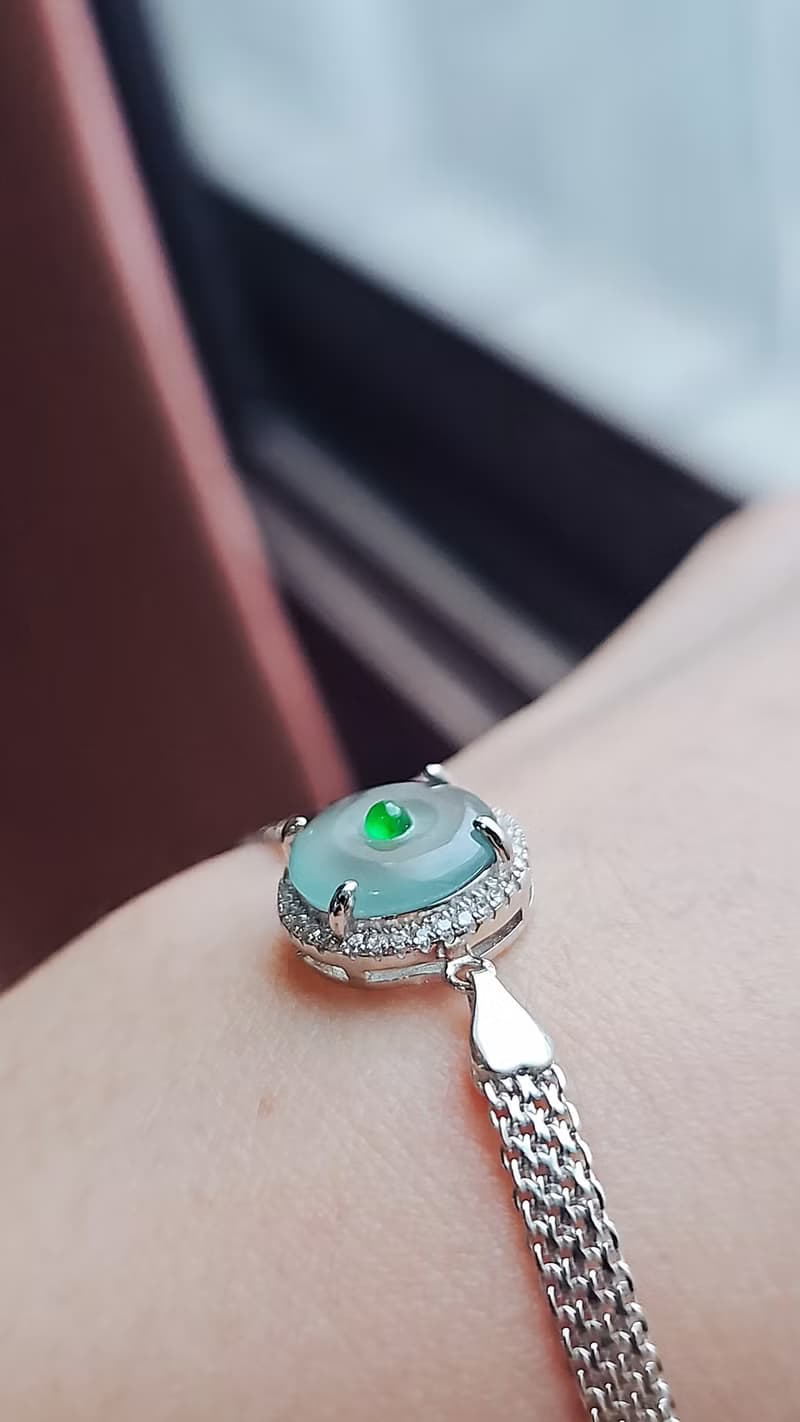 |夢幻藍釦|A貨翡翠冰玻藍起膠平安釦11mm純銀鍍18k編織款手鏈