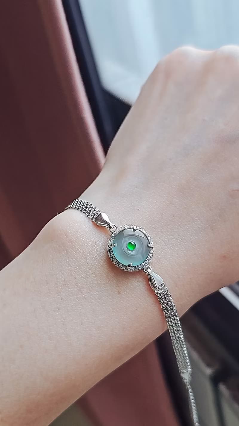 |夢幻藍釦|A貨翡翠冰玻藍起膠平安釦11mm純銀鍍18k編織款手鏈