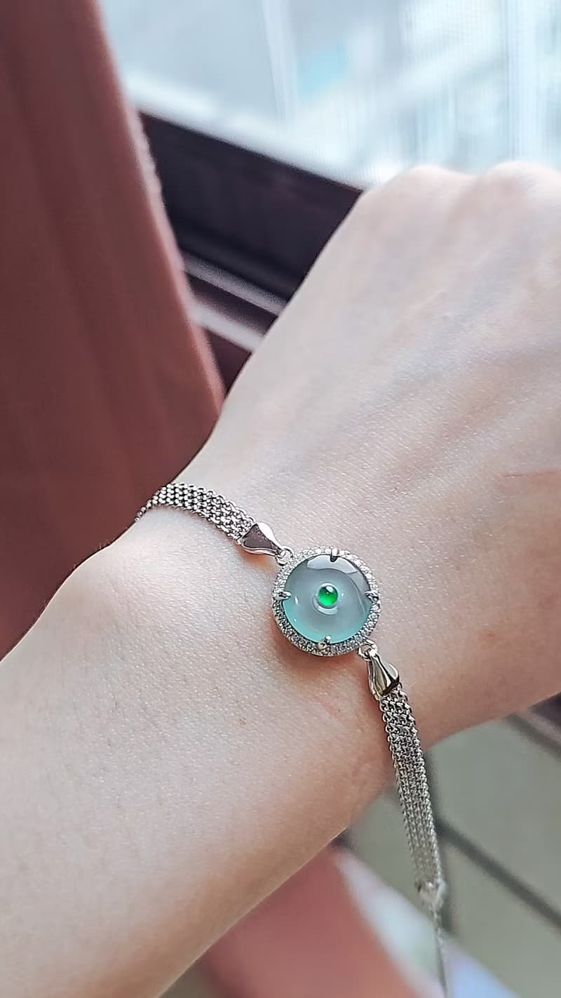 |夢幻藍釦|A貨翡翠冰玻藍起膠平安釦11mm純銀鍍18k編織款手鏈